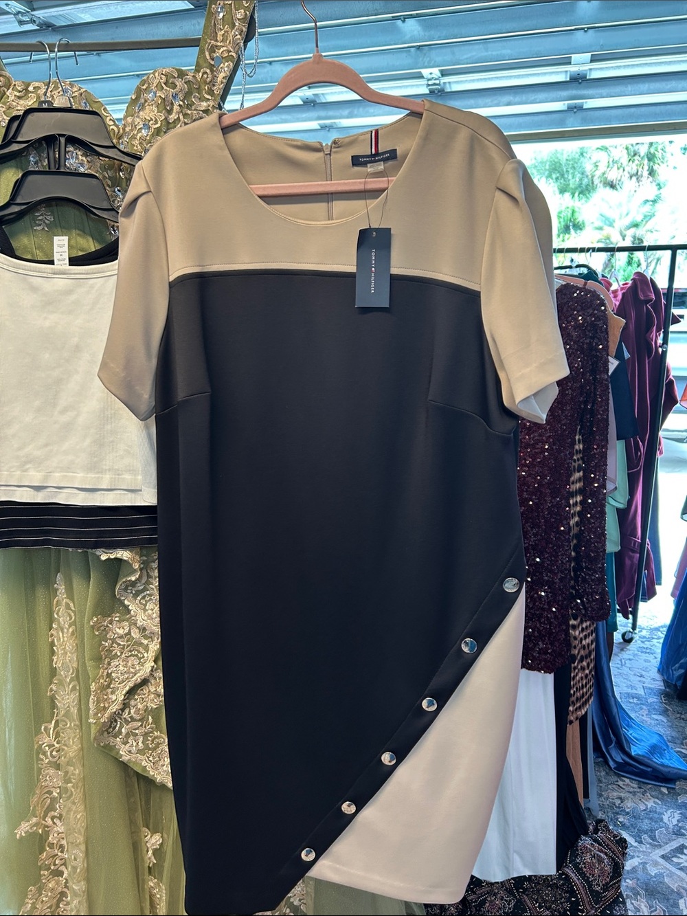 Tommy Hilfiger Black & Taupe Asymmetric Colorblock Shift Dress
